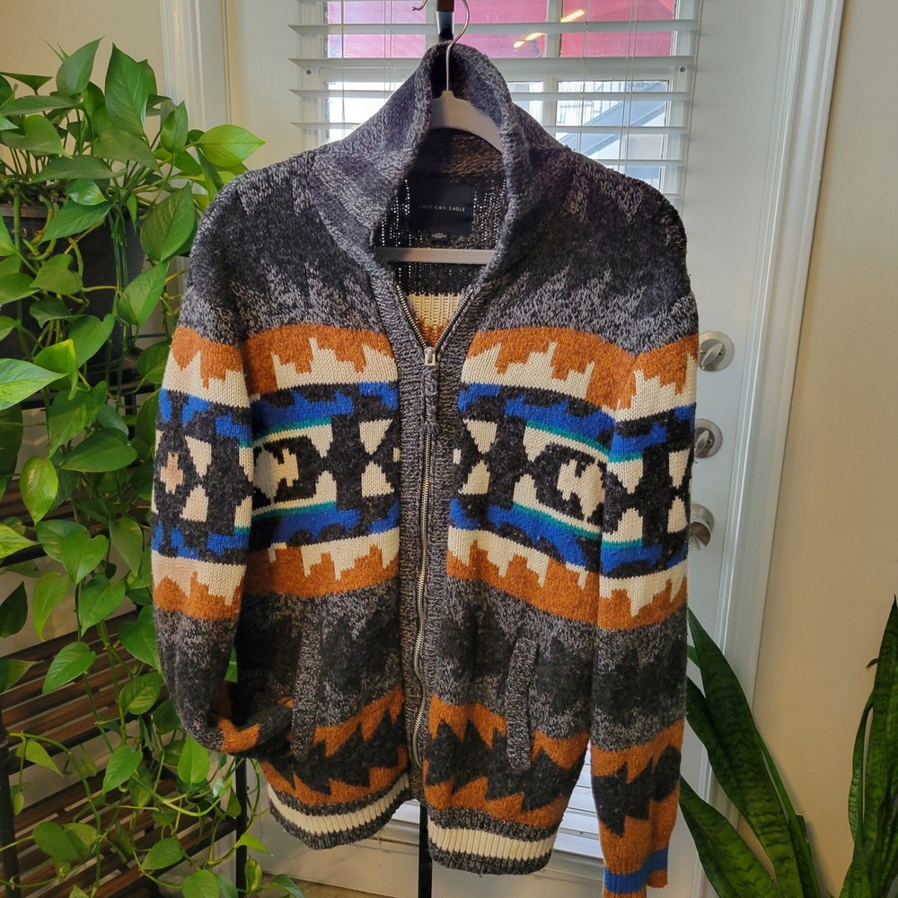 American Eagle Mens Full Zip Southwestern Shawl Collar Cardigan Sweater Large